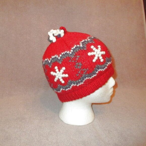 Vtg Neckworks Alpaca Wool Beanie Hat 3D Chunky Knit Snowflakes Pom Holiday Skl main image 6
